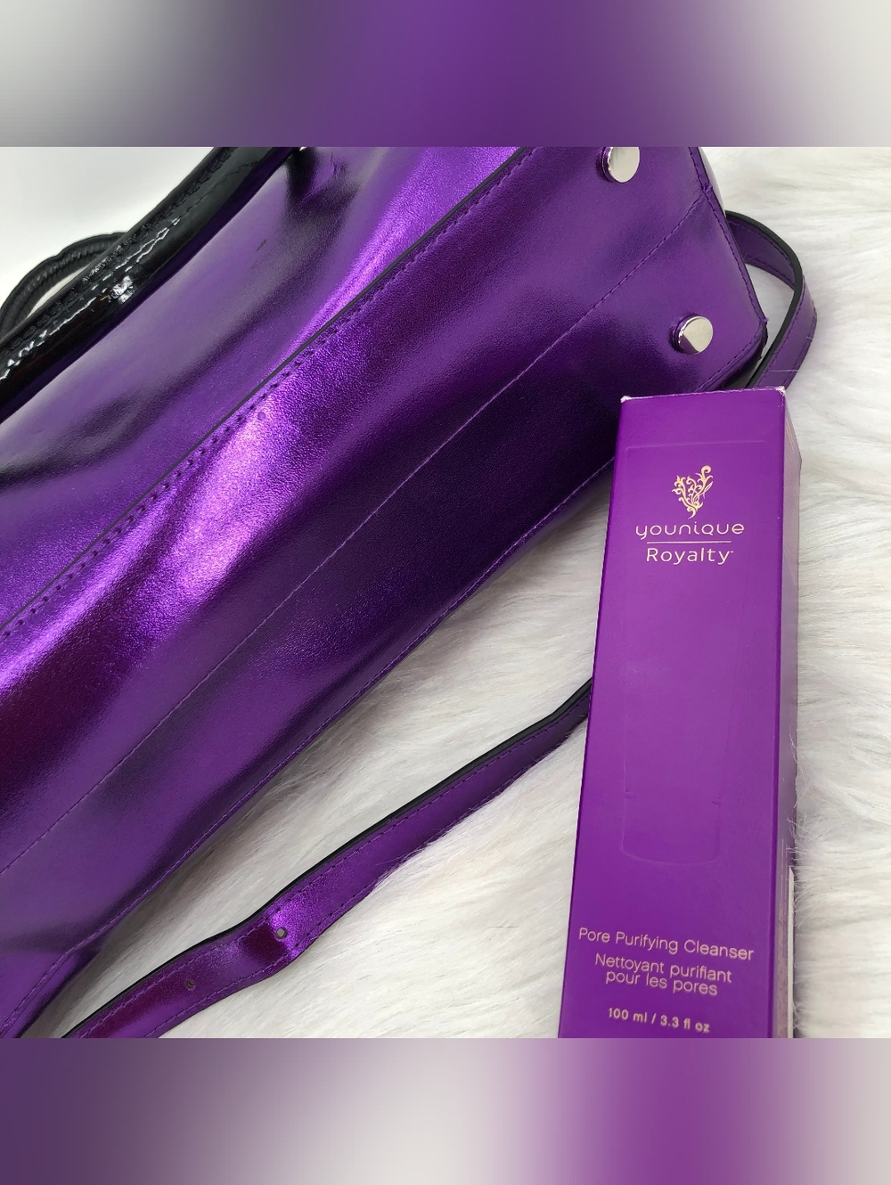 Younique Purple Metallic Cosmetic Make Up Shoulder Bag Purse & Pore Cleanser - Picture 7 of 10